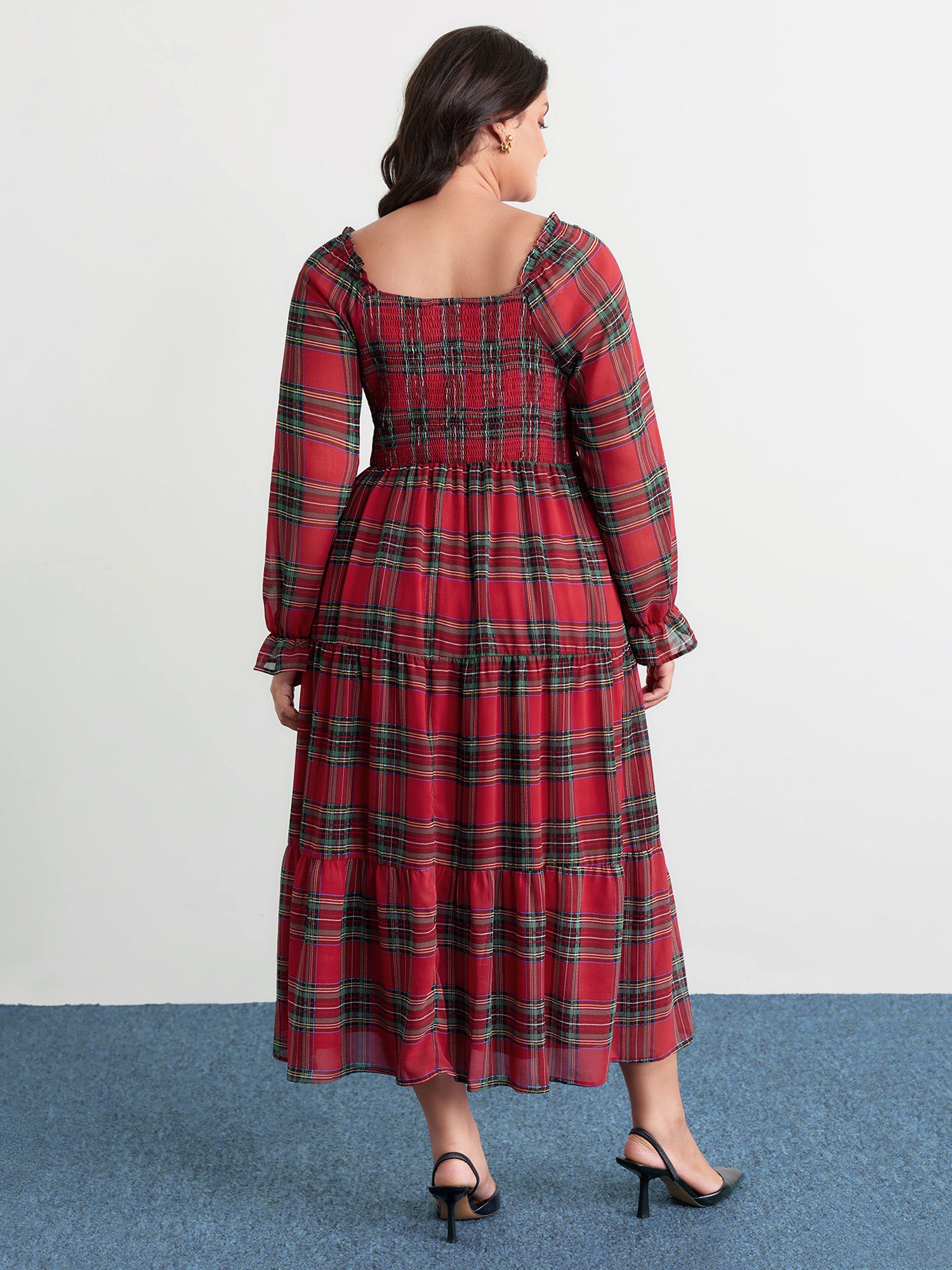 Holiday Plaid Shirred Bodice Maxi Dress-Sweetccc