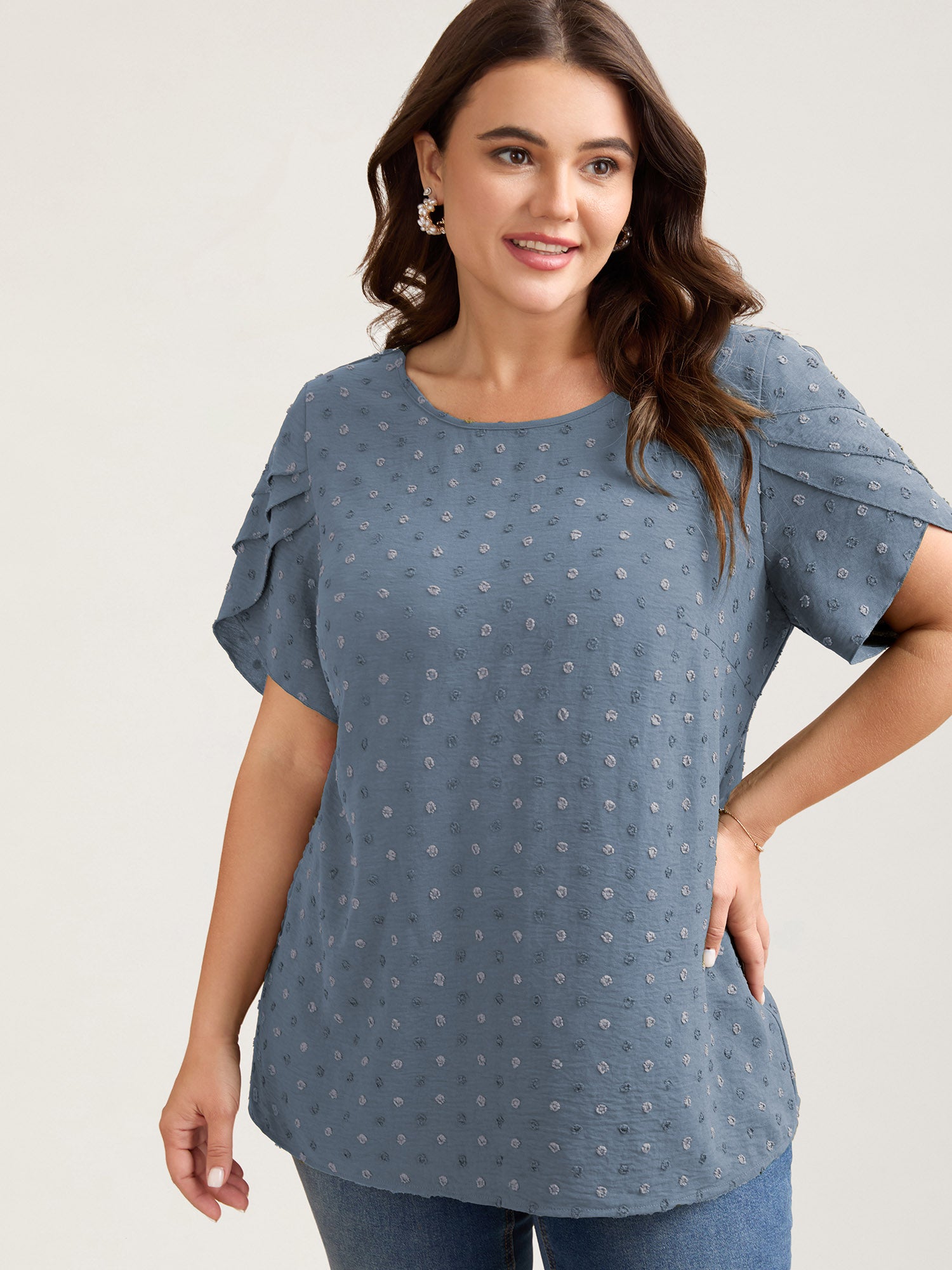 Textured Color Contrast Petal Sleeve Blouse-Sweetccc