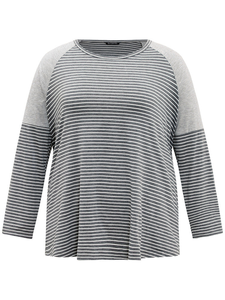 Striped Patchwork Crew Neck Raglan Sleeve T-shirt-Sweetccc
