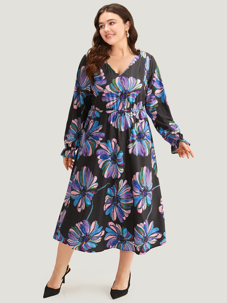 Floral Print Flutter Trim Dress-Sweetccc