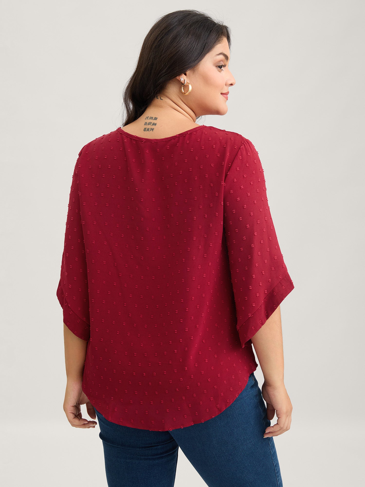 Textured Round Neck Bell Sleeve Blouse-Sweetccc