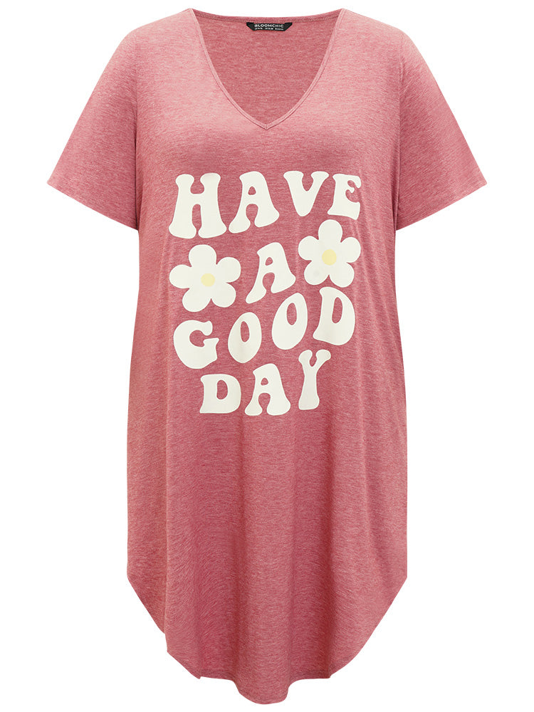 Supersoft Essentials Letter & Floral Print V Neck Curved Hem Dress-Sweetccc