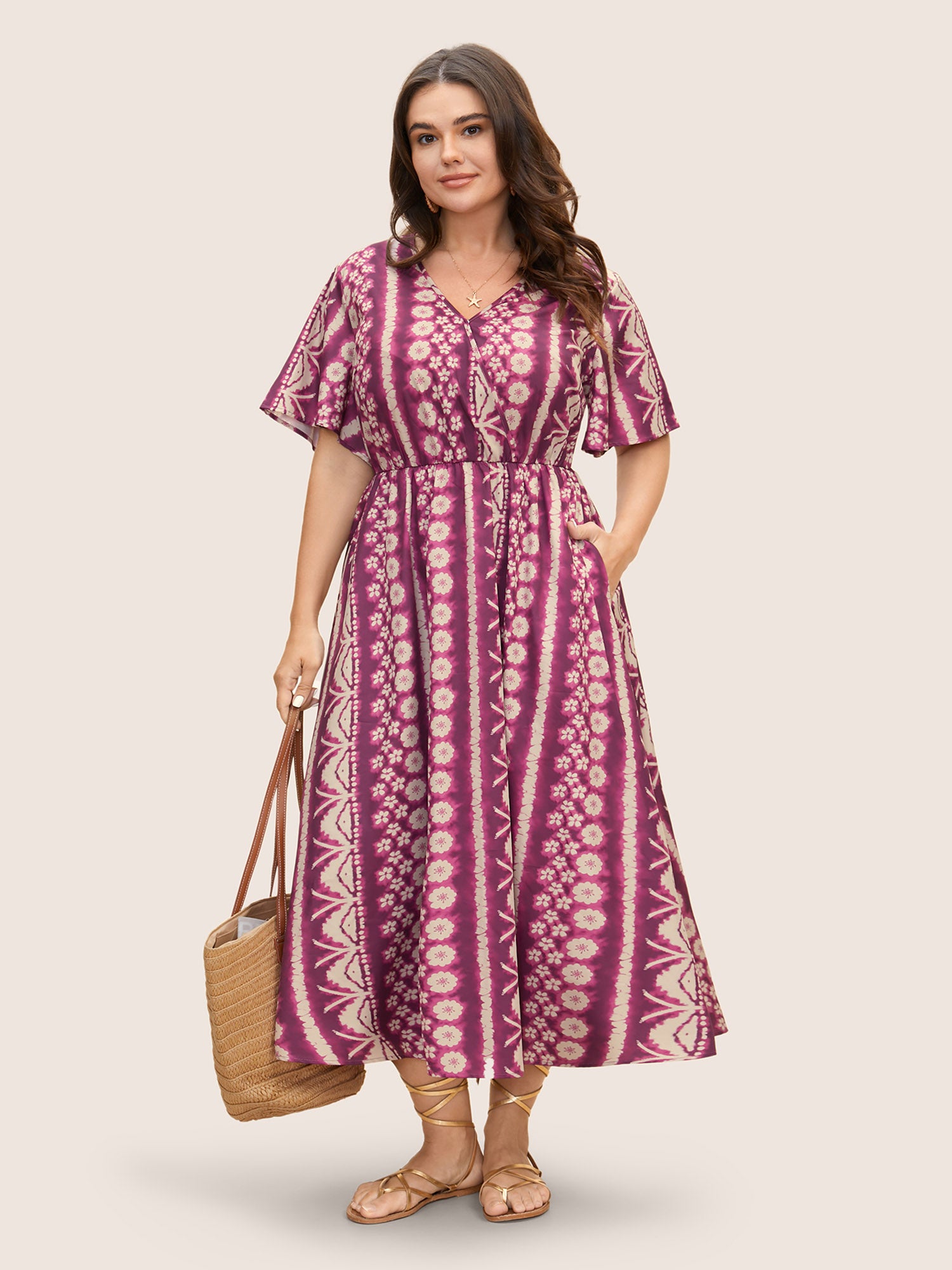 Floral Tie Dye Overlap Collar Ruffle Sleeve Dress-Sweetccc