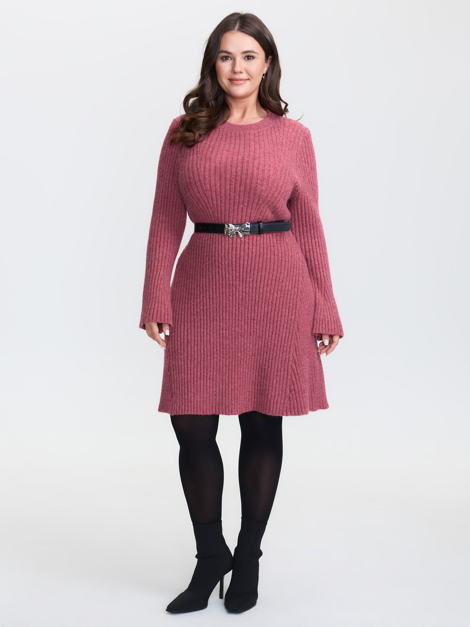 Textured Waist-Defining A-Line Sweater Dress-Sweetccc