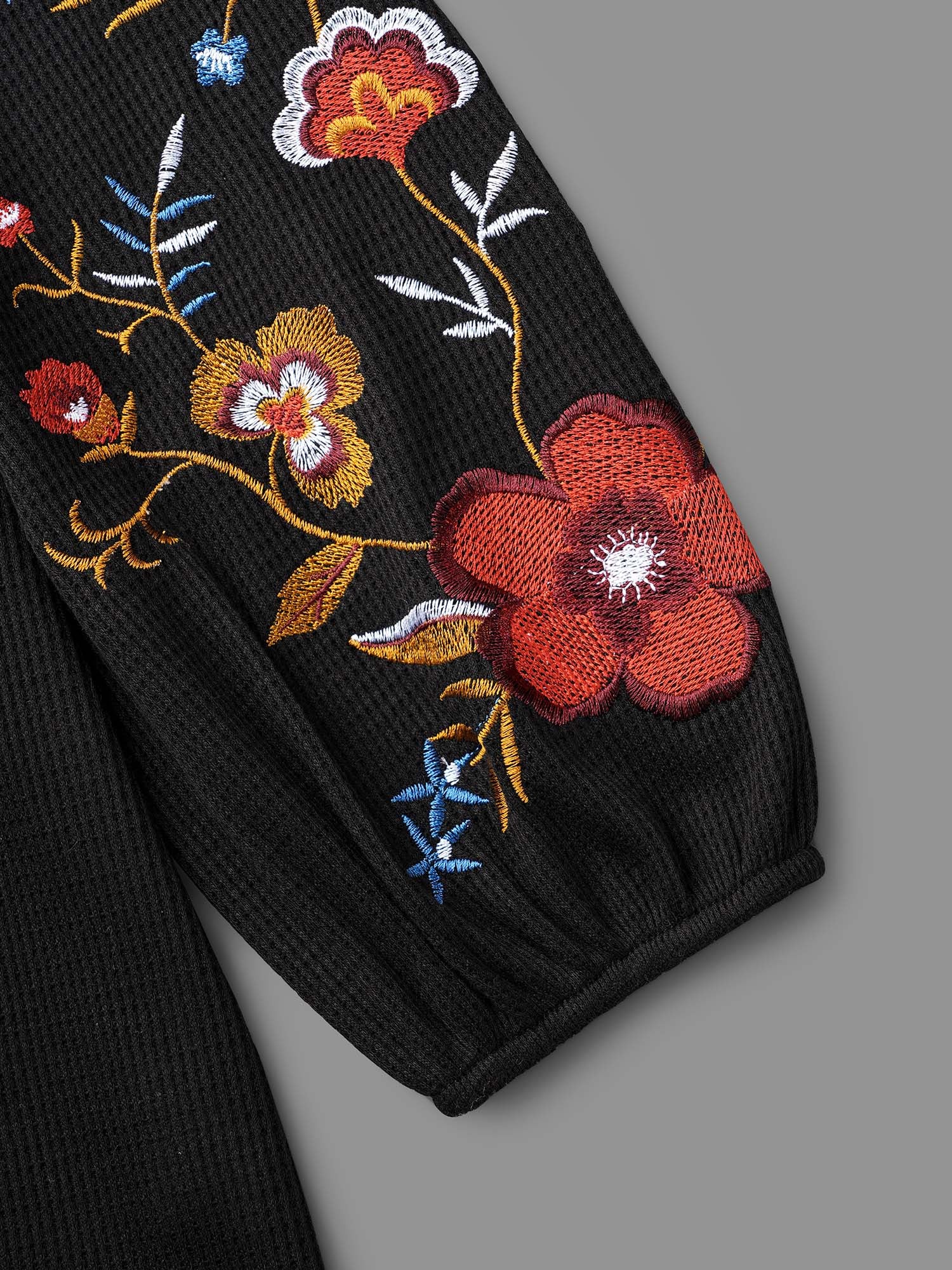 Waffle Knit Floral Embroidered Top-Sweetccc