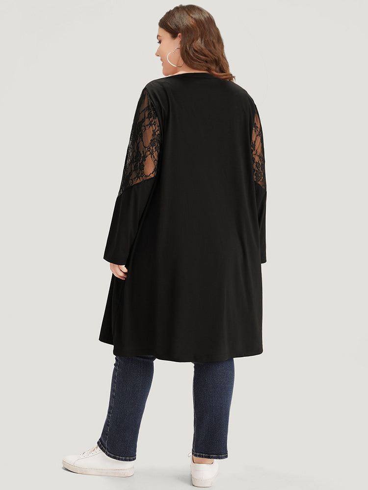 Supersoft Essentials Solid Crochet Lace Mesh Drape Open Front Coat-Sweetccc