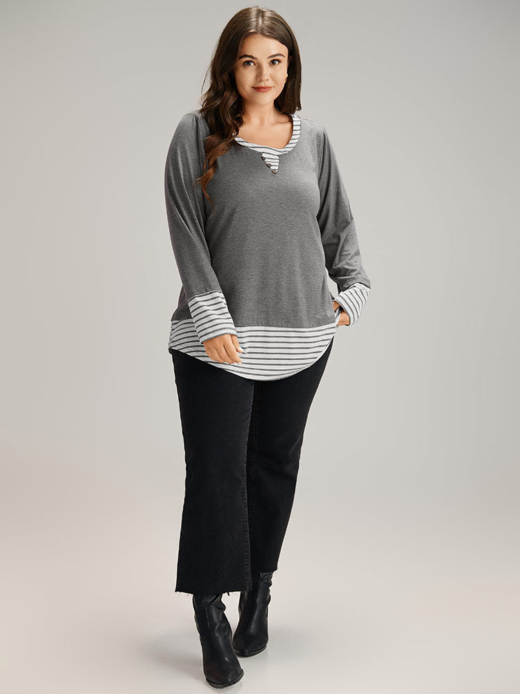 Striped Patchwork Button Detail T-shirt-Sweetccc