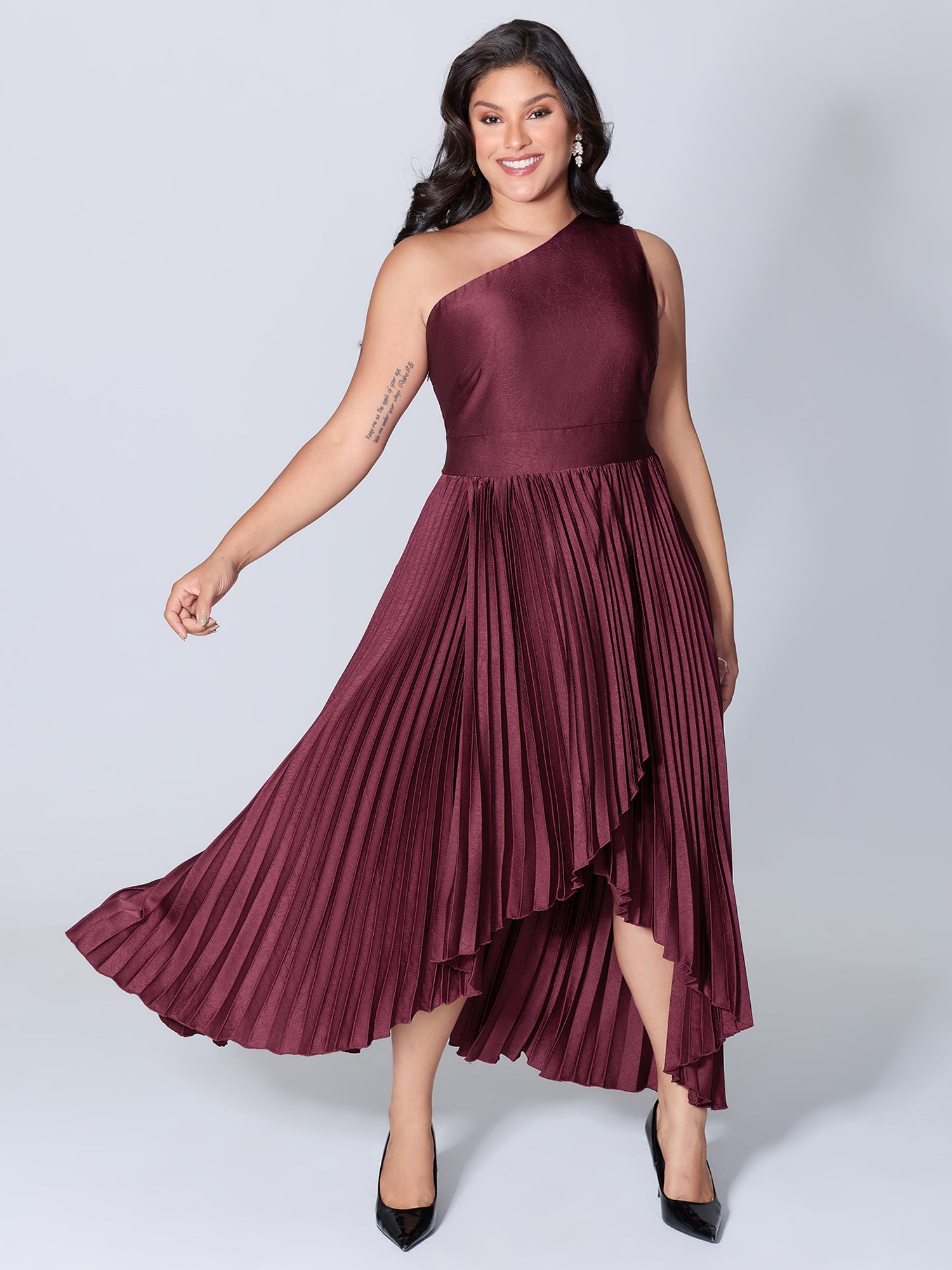 One-Shoulder Pleated Asymmetrical Hem Midi Dress-Sweetccc