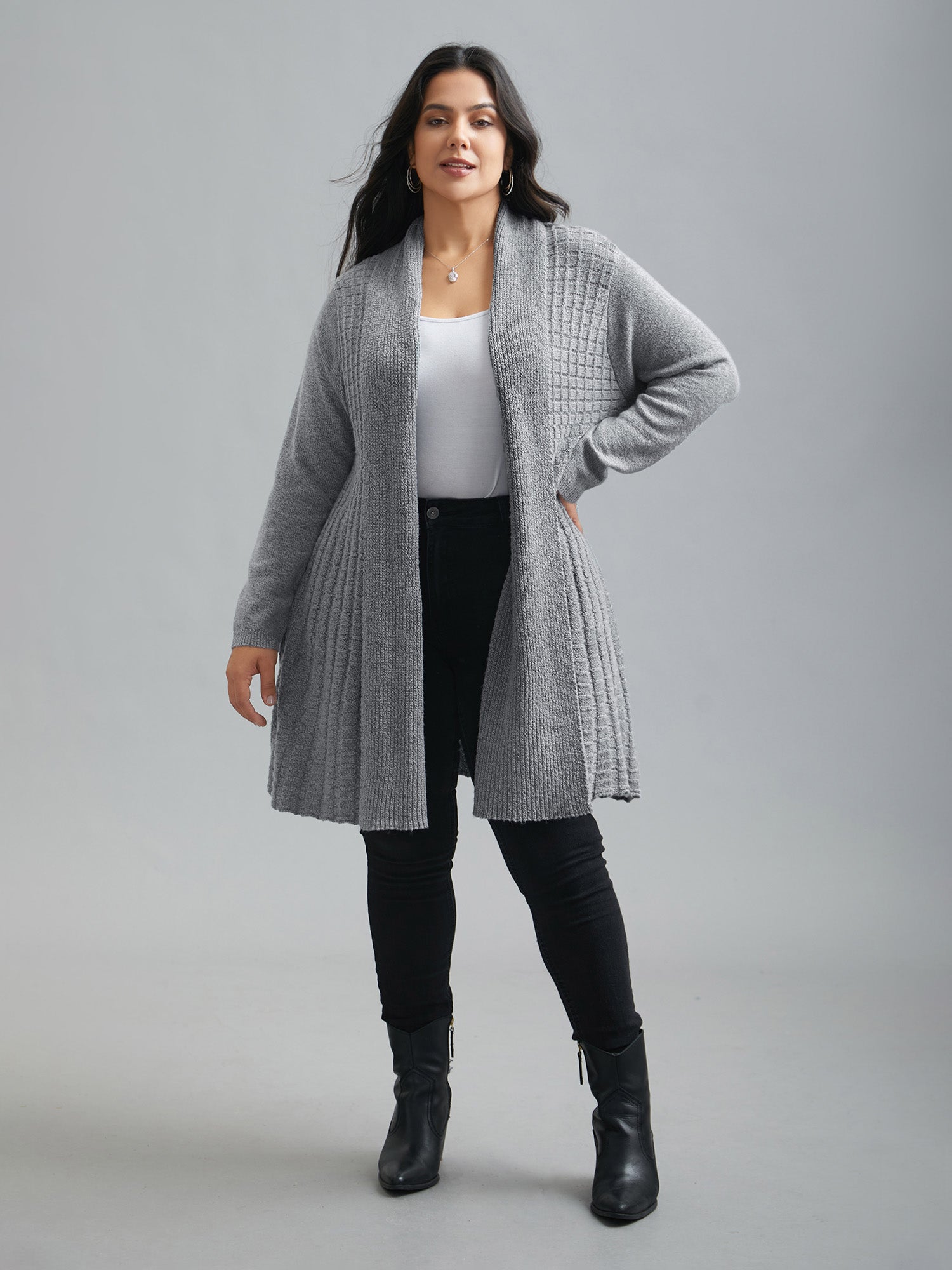 Folded Kimono Collar Plain Plisse Cardigan-Sweetccc