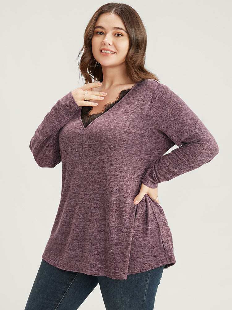 Solid Lace Trim V Neck Long Tee-Sweetccc