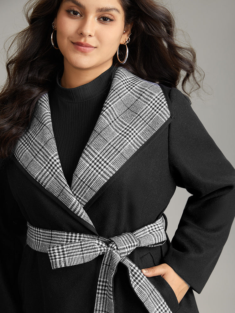 Lapel Collar Patchwork Belted Contrast Coat-Sweetccc