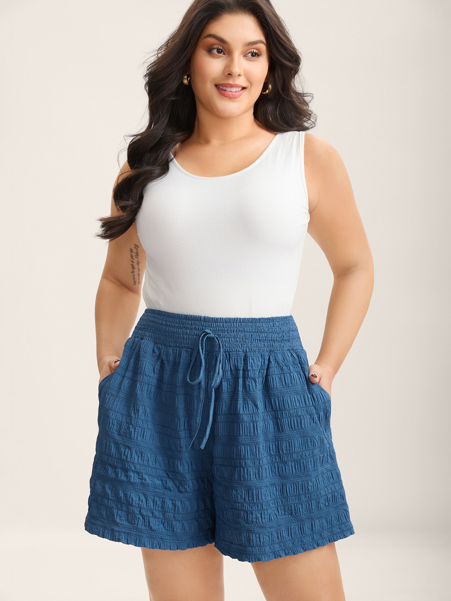 Textured Shirred Waist Tie Shorts-Sweetccc