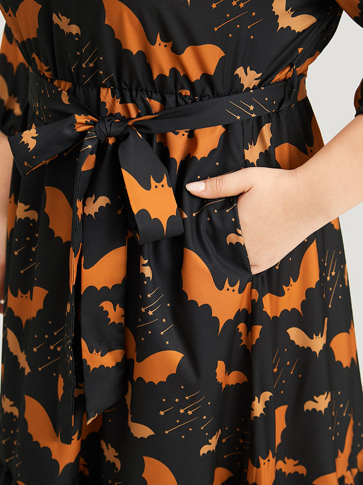 Halloween Bat Print Notched Belted Pocket Dress-Sweetccc