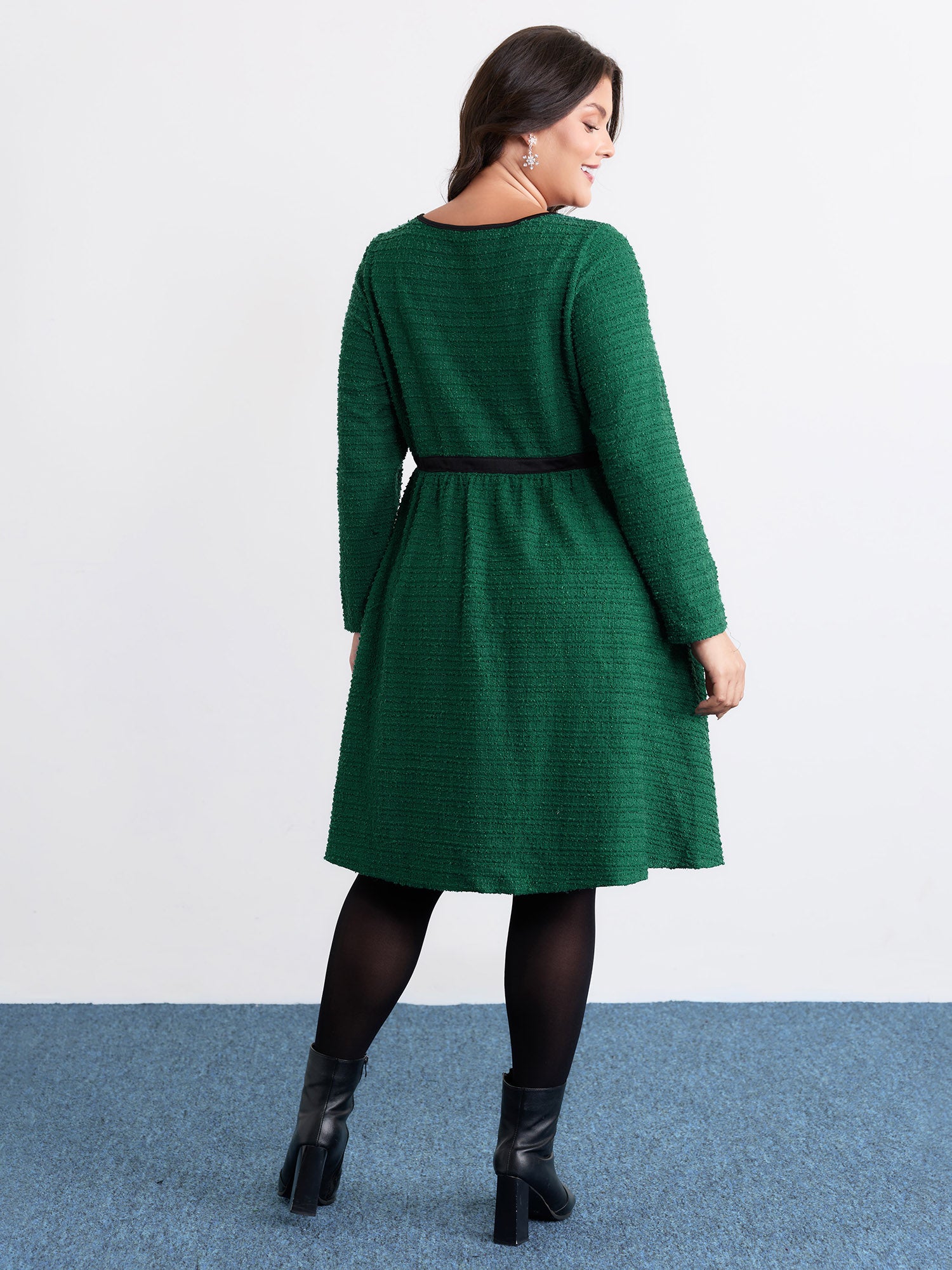 Tweed Stretchy Waist Color Contrast Midi Dress-Sweetccc