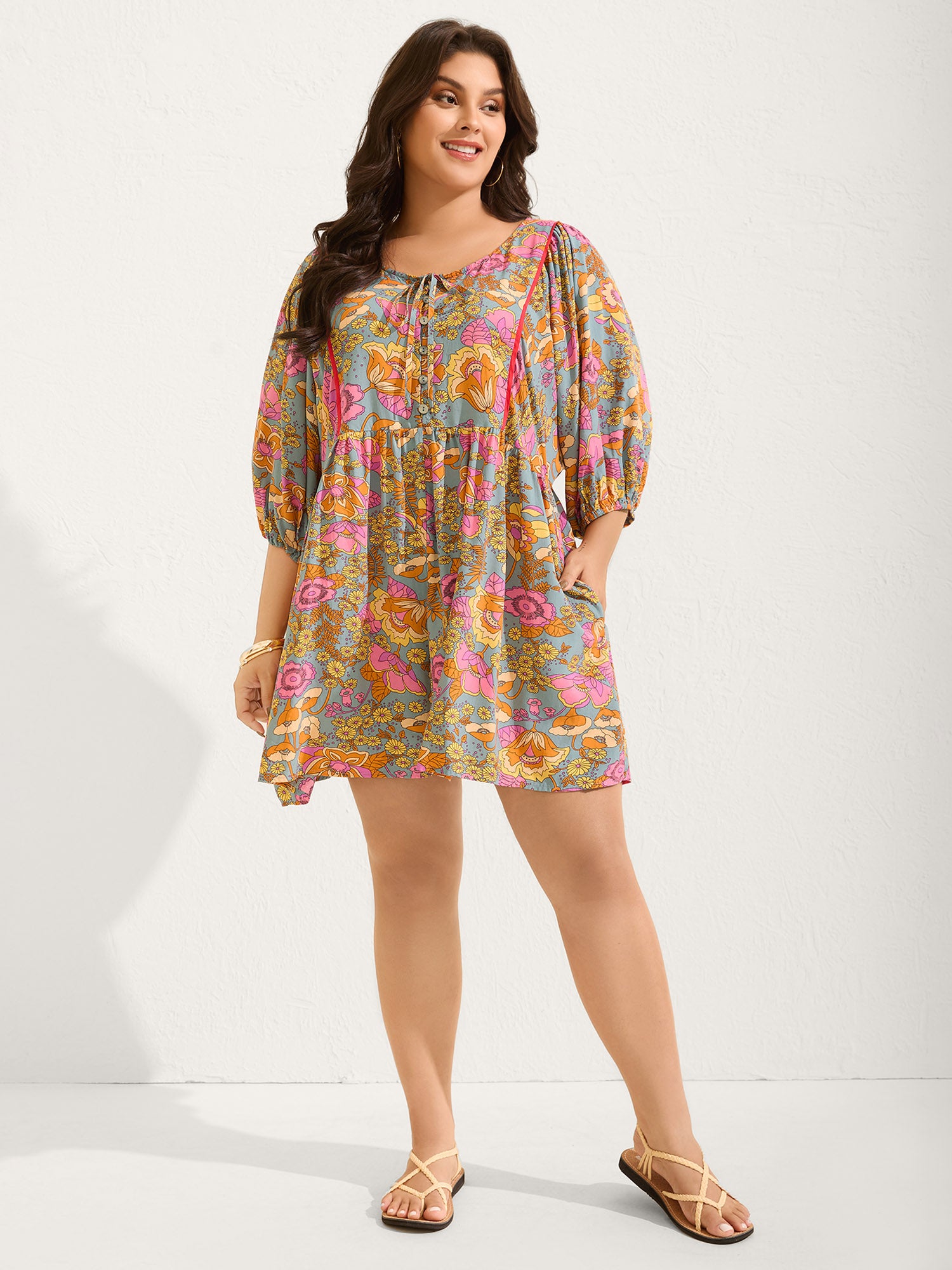 Floral Print Puffy Sleeve Flowy Romper-Sweetccc