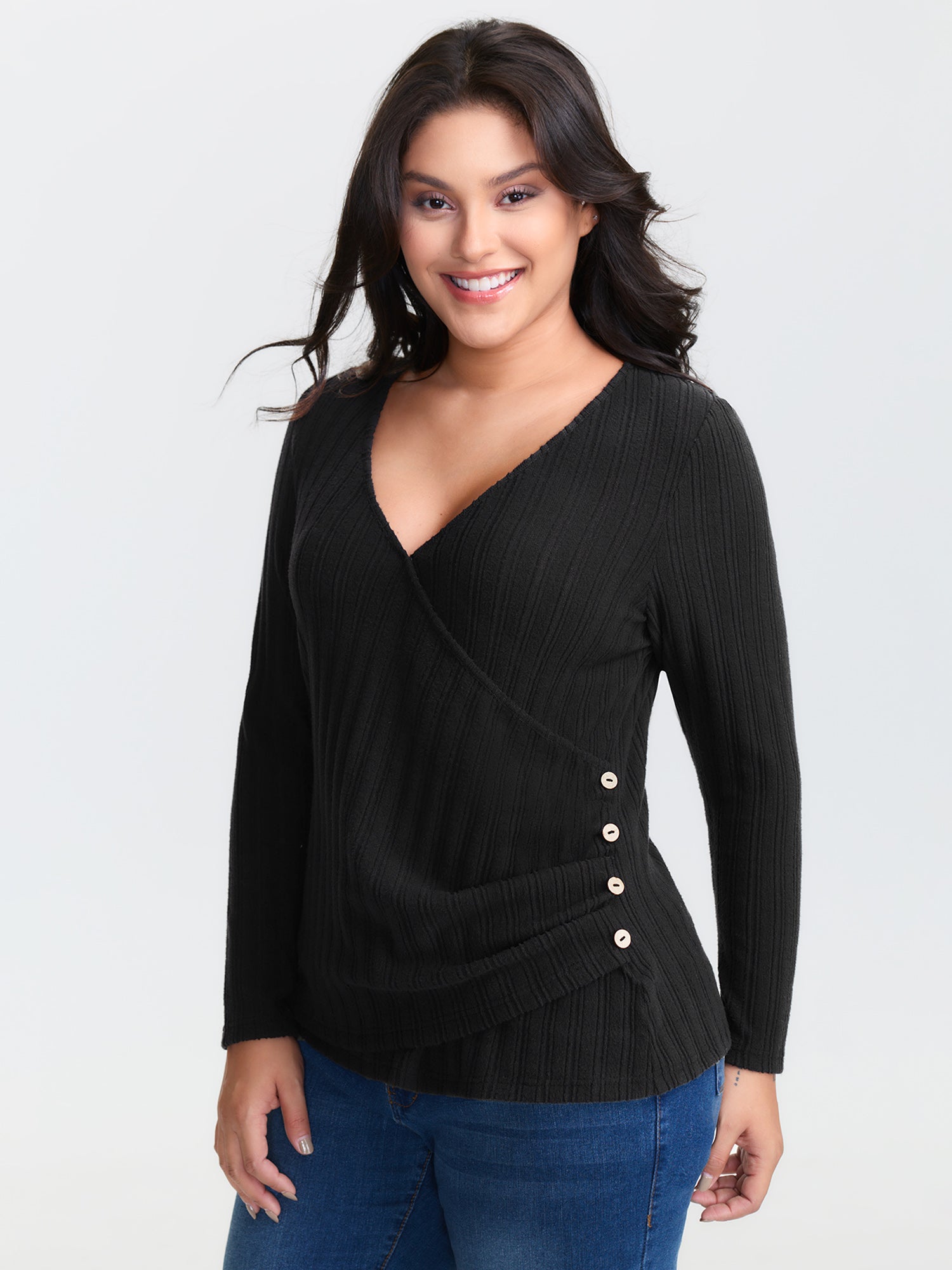 Textured Stretchy-Fit Buttons T-Shirt-Sweetccc