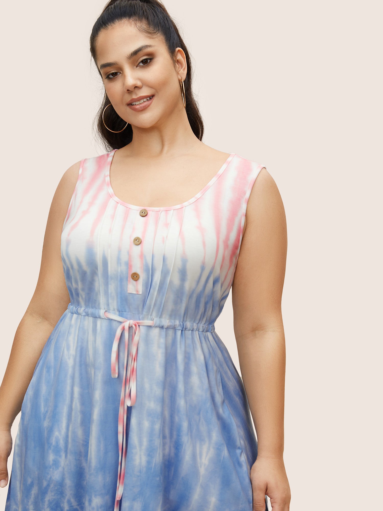 Tie Dye Round Neck Drawstring Pleated Dress-Sweetccc