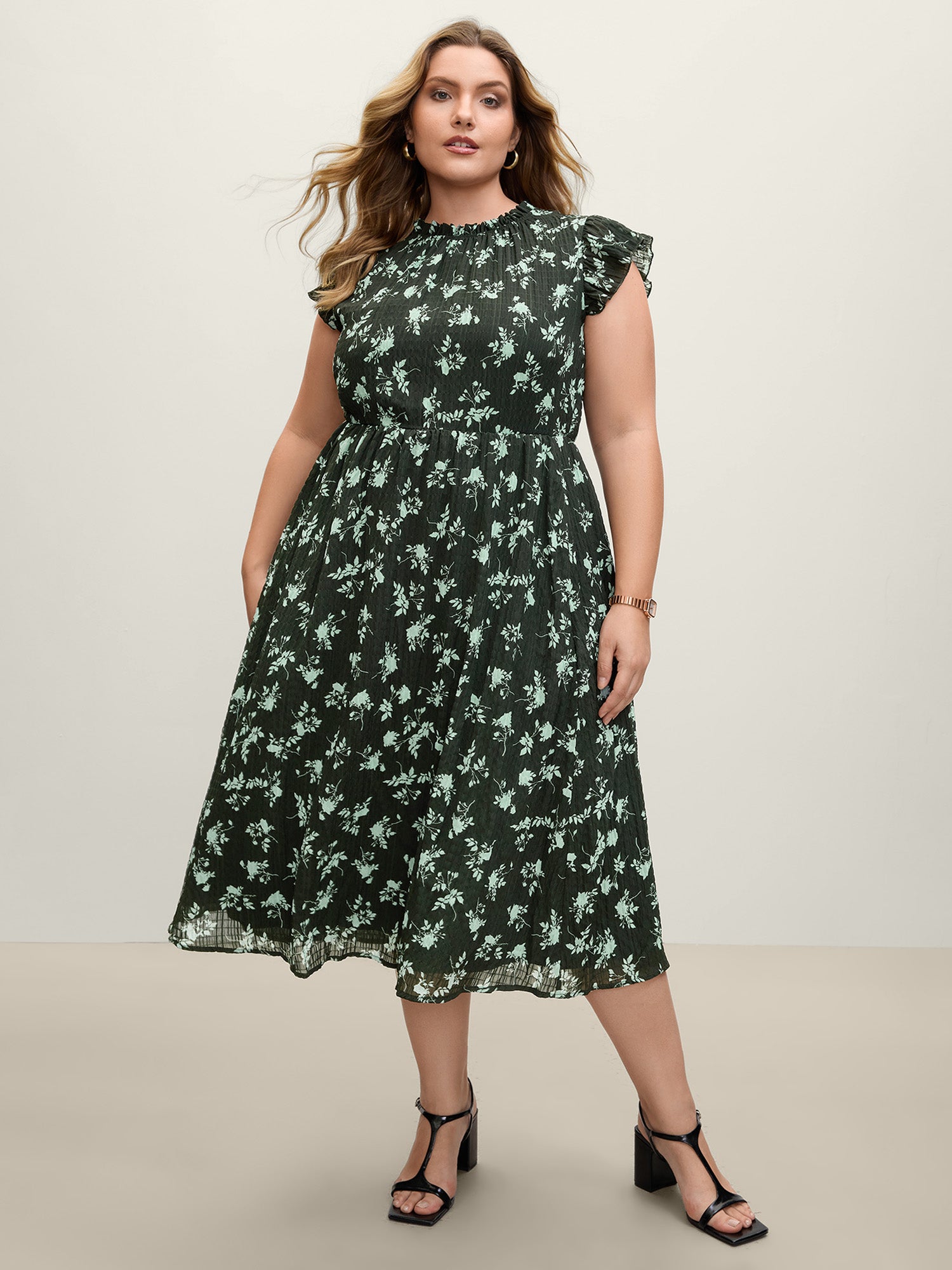 Textured Silhouette Flower Stretchy Collar Midi Dress-Sweetccc