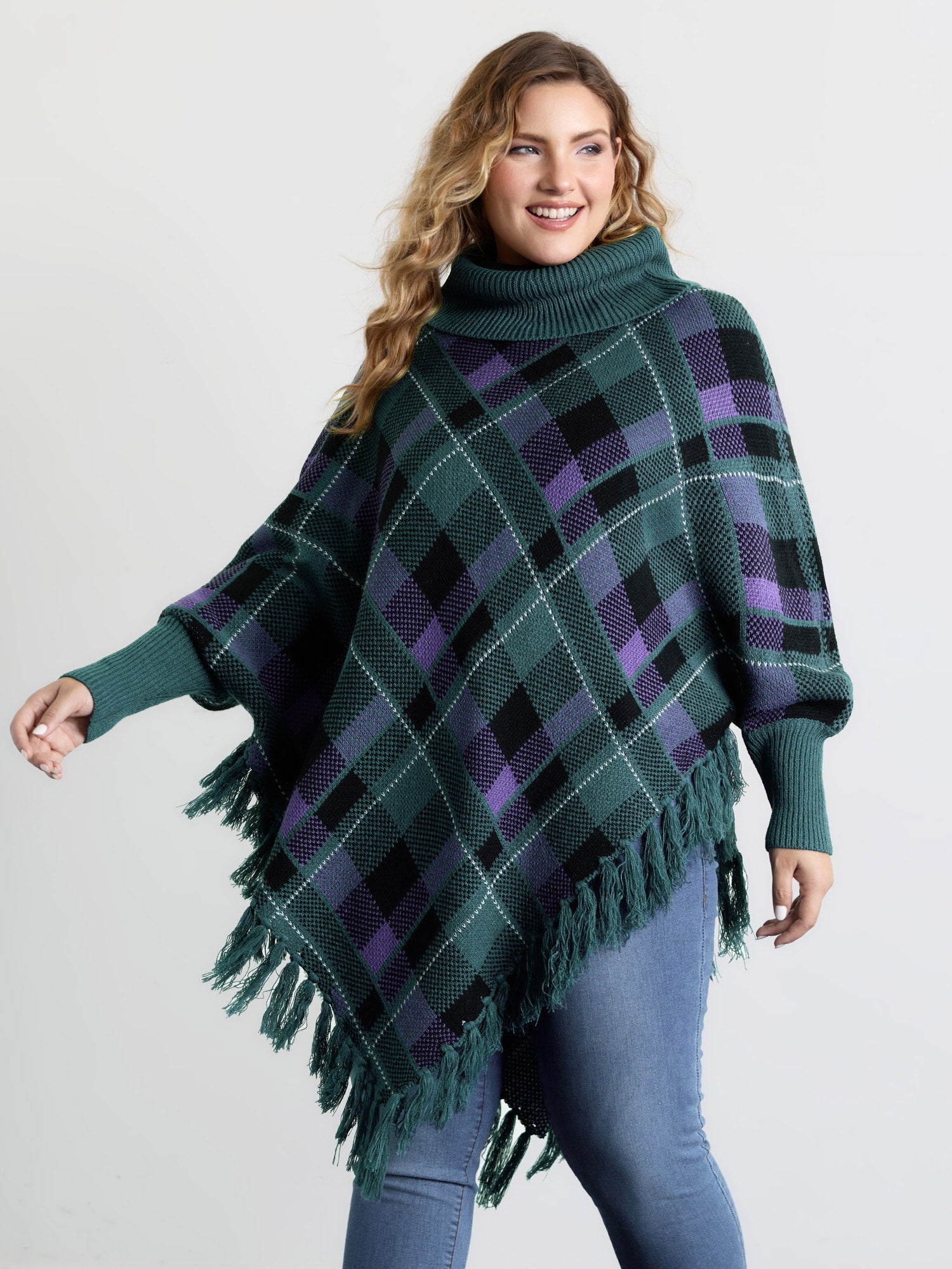 Holiday Plaid Turtleneck Fringe Hem Pullover-Sweetccc