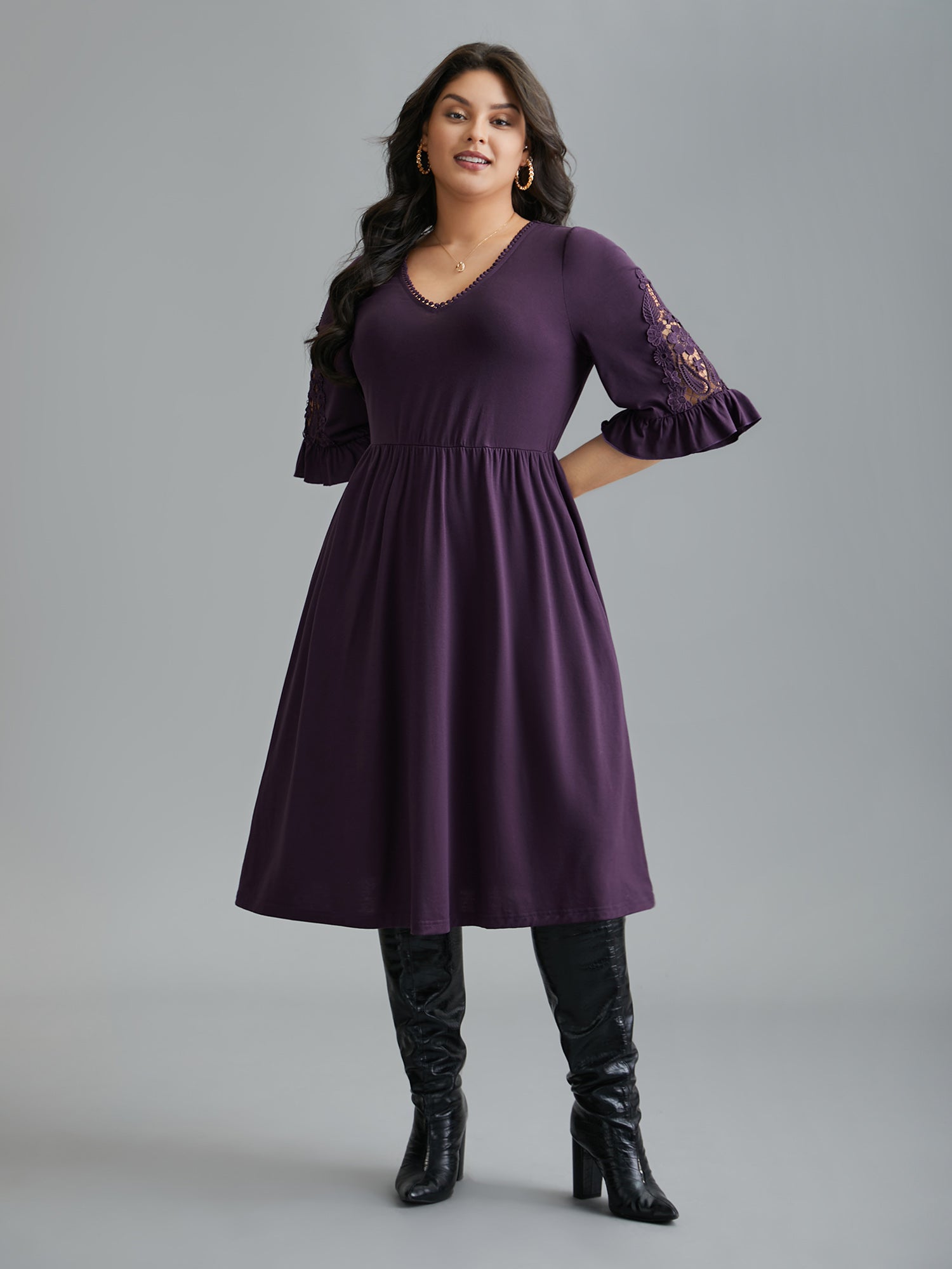 V Neck Plain Crochet Lace Mesh Dress-Sweetccc