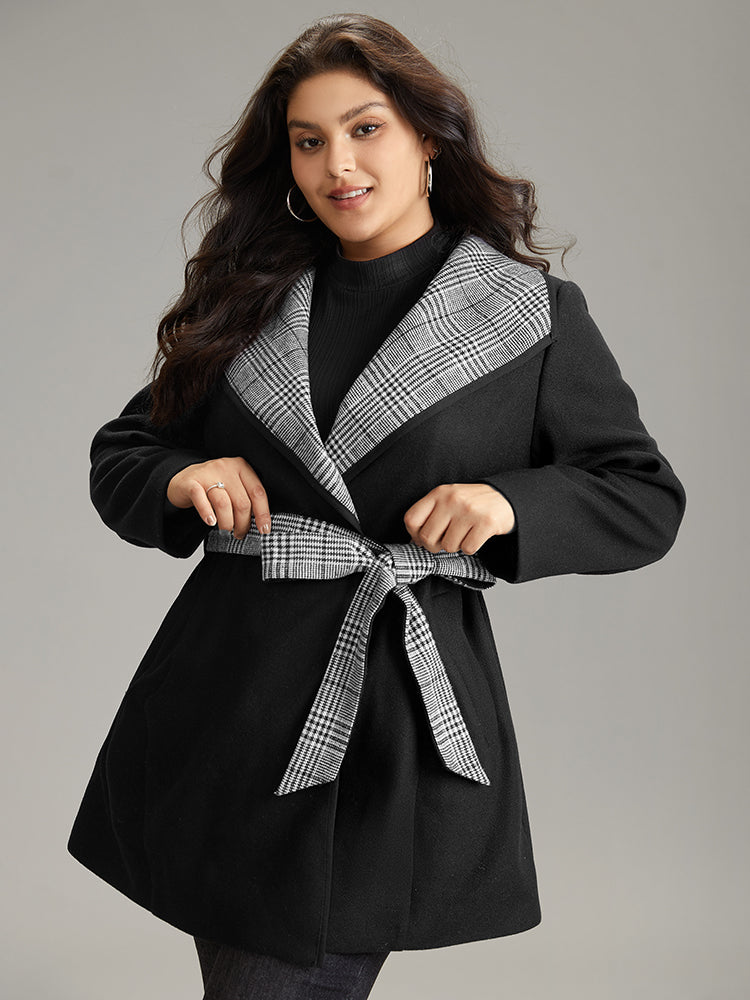 Lapel Collar Patchwork Belted Contrast Coat-Sweetccc