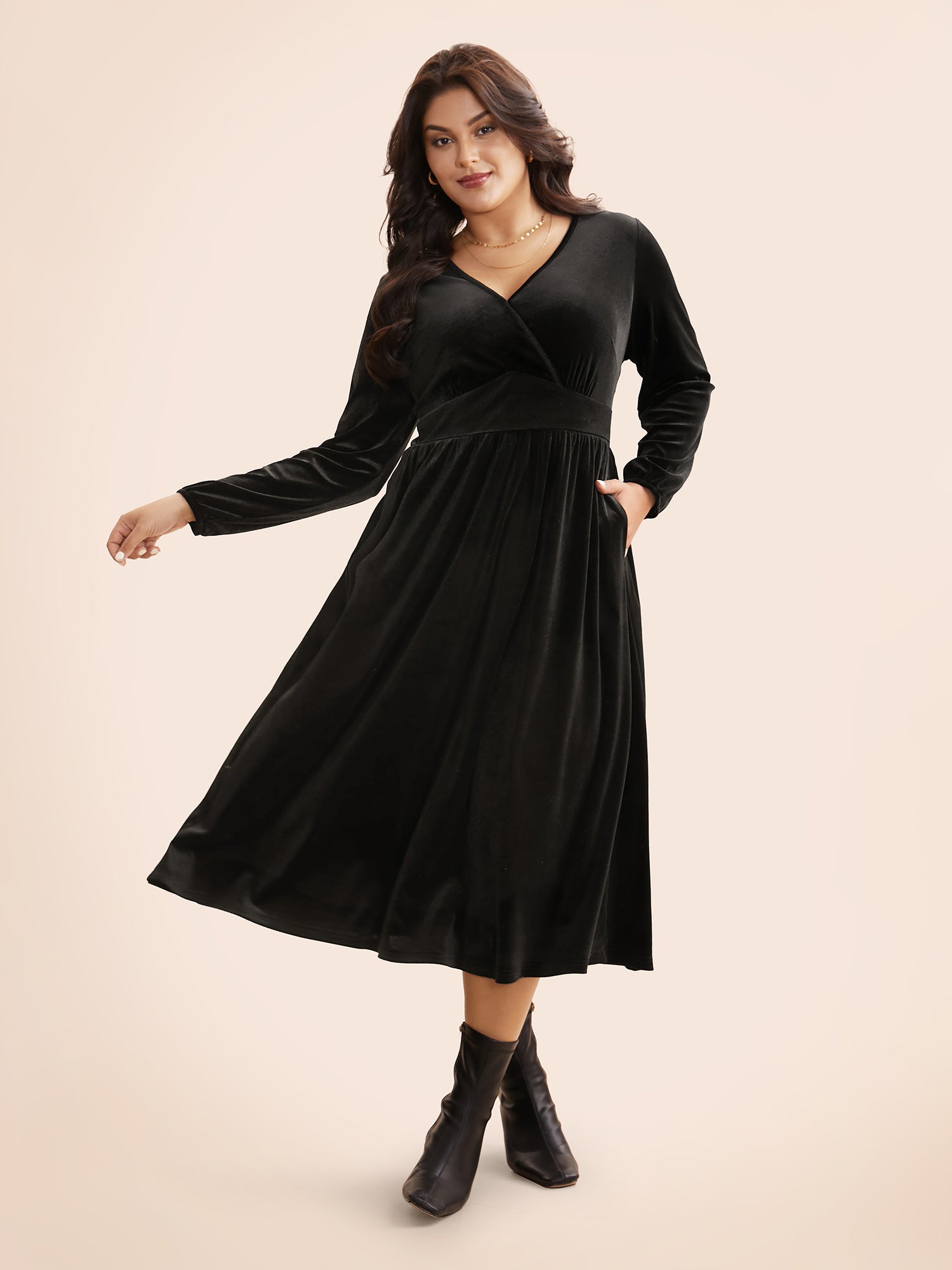 Velvet Overlap Collar Shirred Gathered Dress-Sweetccc