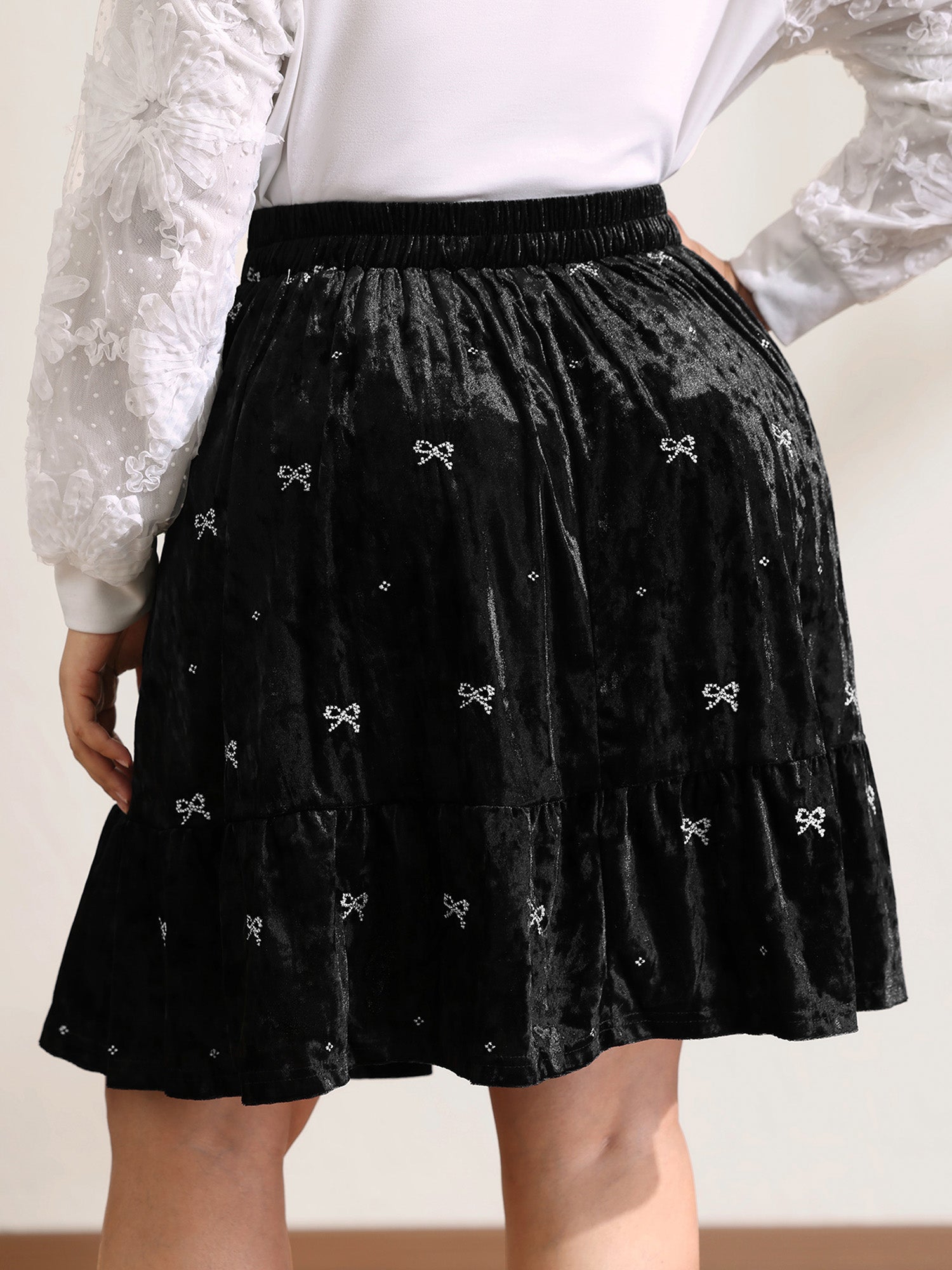 Velvet Bowknot Ruffled Mini Skirt-Sweetccc