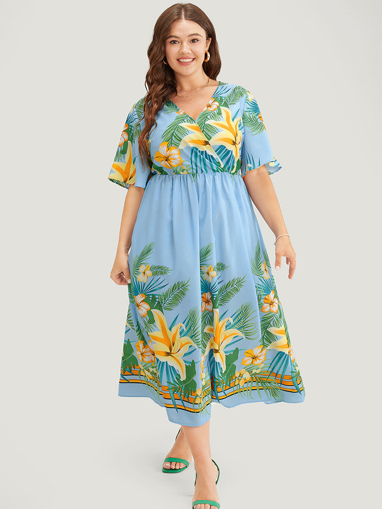 Tropical Print Ruffle Sleeve Wrap Pocket Midi Dress-Sweetccc