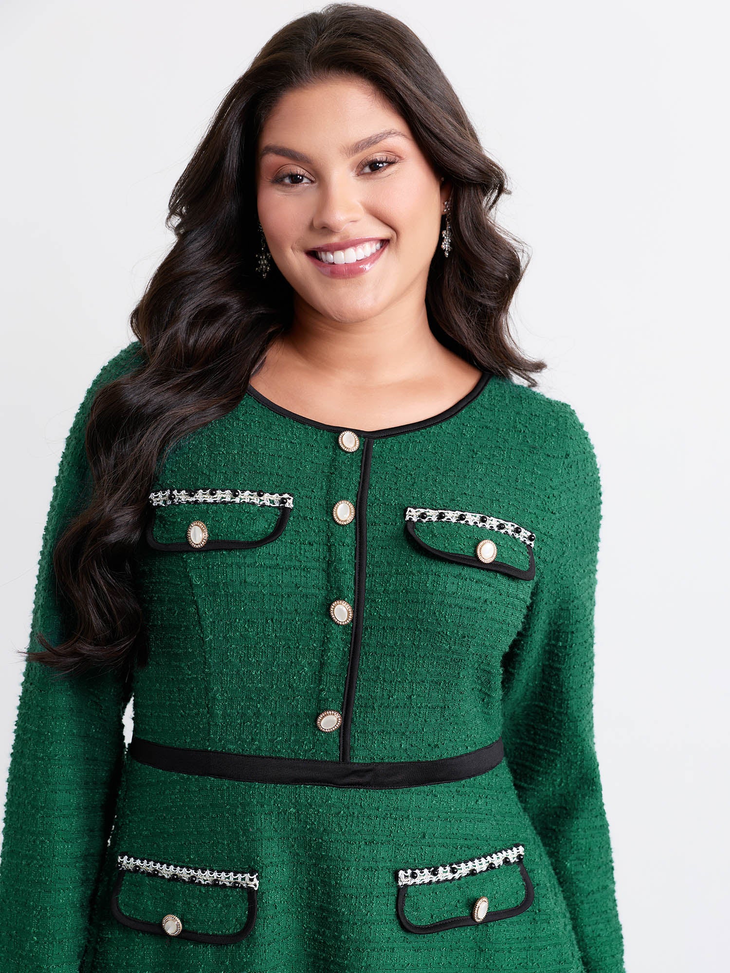 Tweed Stretchy Waist Color Contrast Midi Dress-Sweetccc