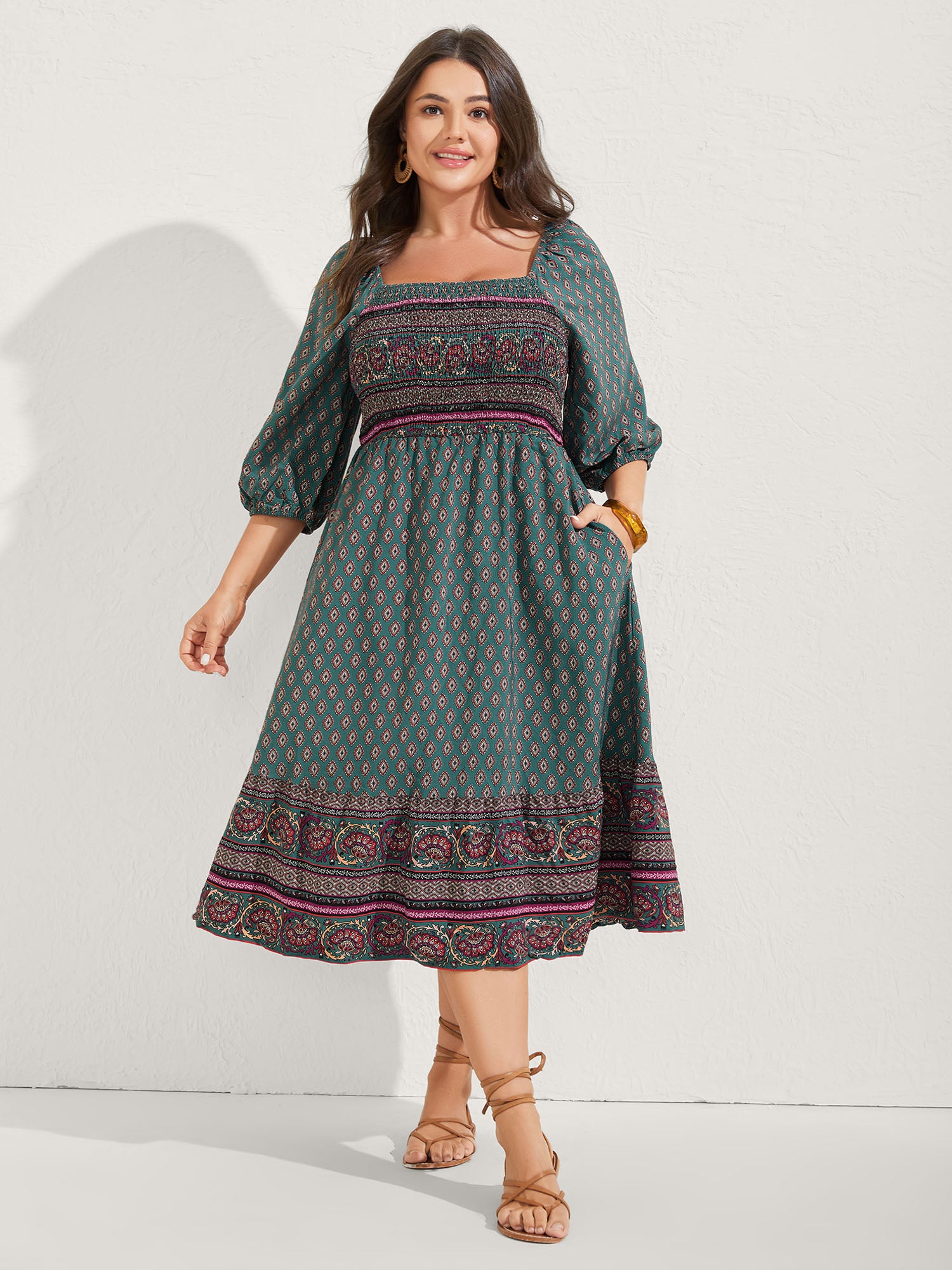 Paisley Print Shirred Bodice Midi Dress-Sweetccc