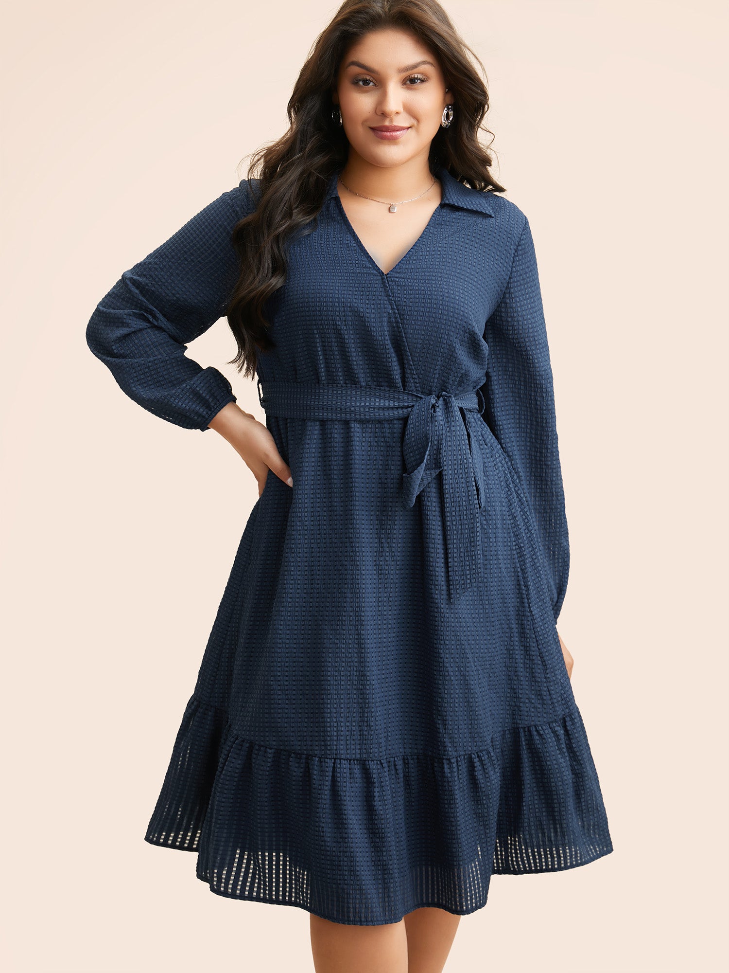 Overlap Collar Plain Textured Midi Dress-Sweetccc