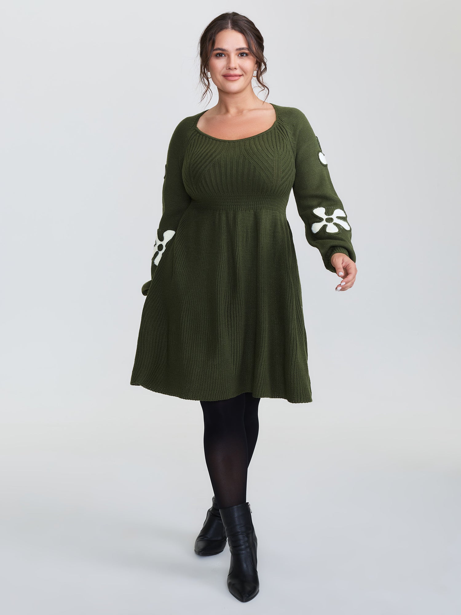 Floral Cord Embroidered Cinched-Waist Sweater Dress-Sweetccc