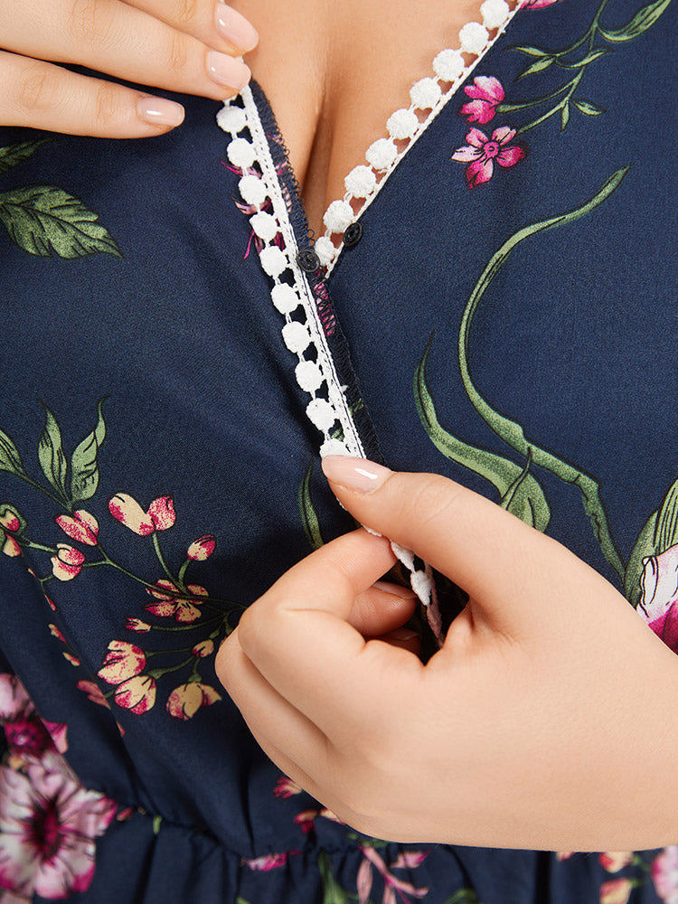 Floral Print Overlap Collar Contrast Trim Pocket Jumpsuit-Sweetccc