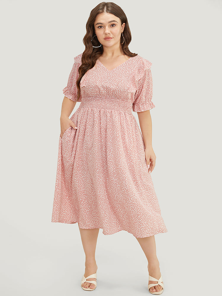 Leopard Ruffle Trim Pocket Shirred Puff Sleeve Dress-Sweetccc