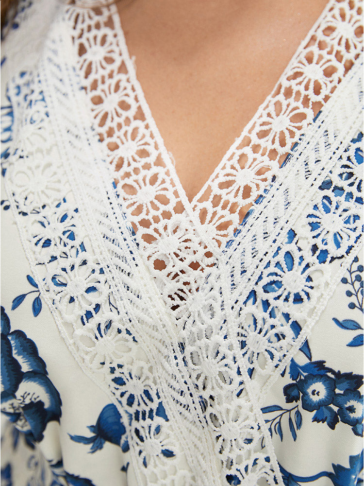 Floral Belted Pocket Lace Trim Wrap Jumpsuit-Sweetccc