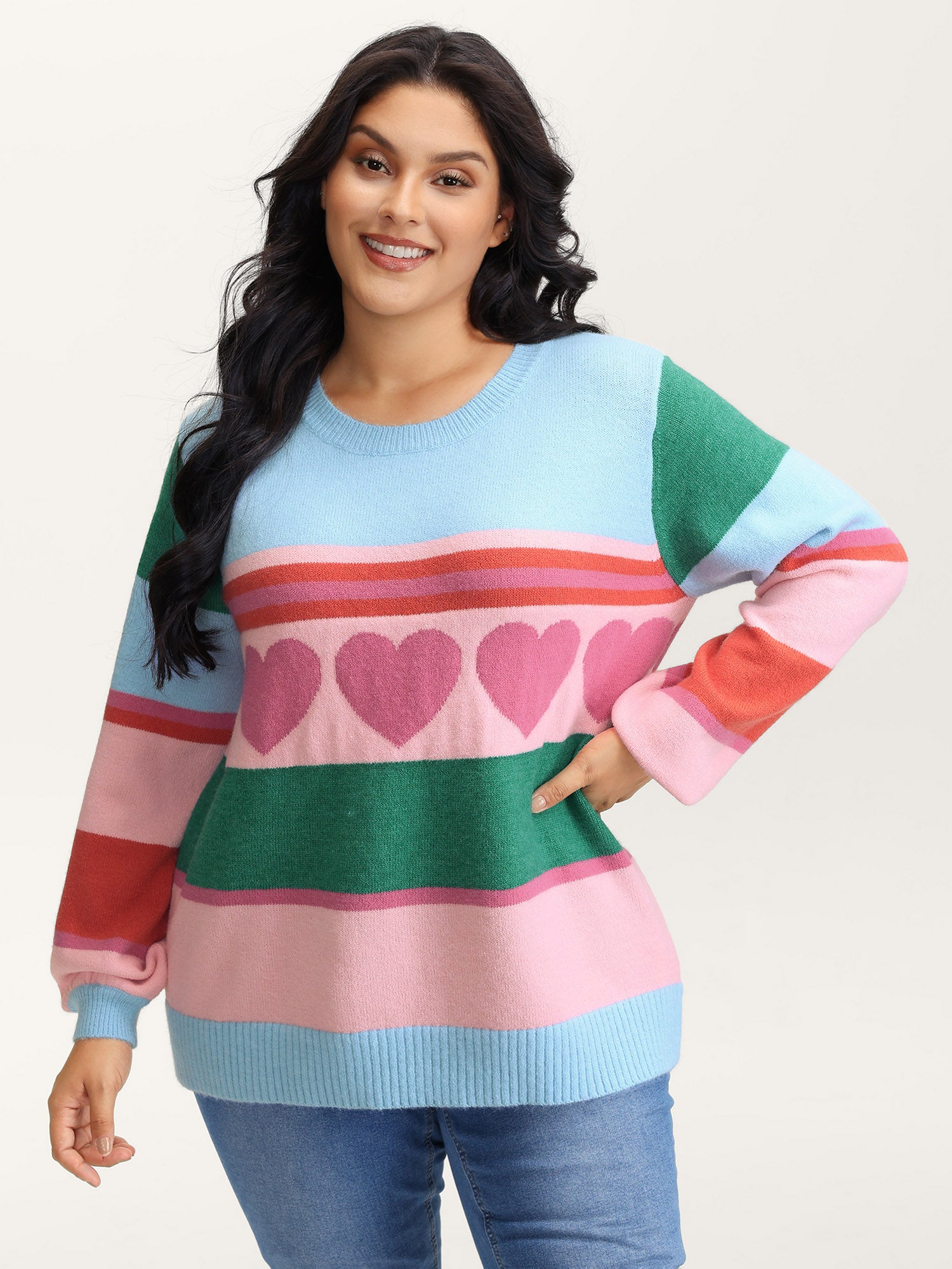 Heart Striped Print Jacquard Colorful Pullover-Sweetccc