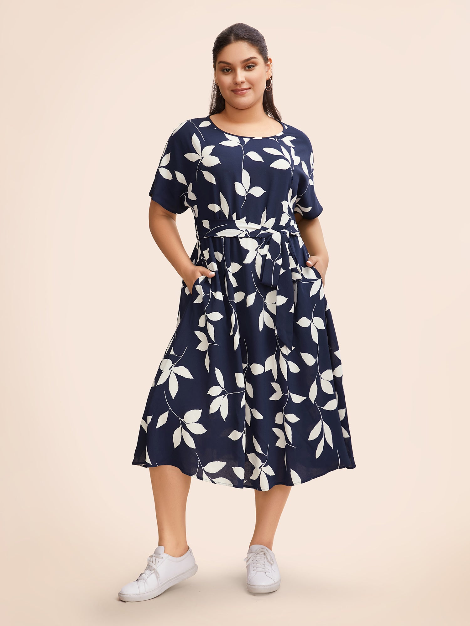 Leaf Print Pocket Belted Dress-Sweetccc