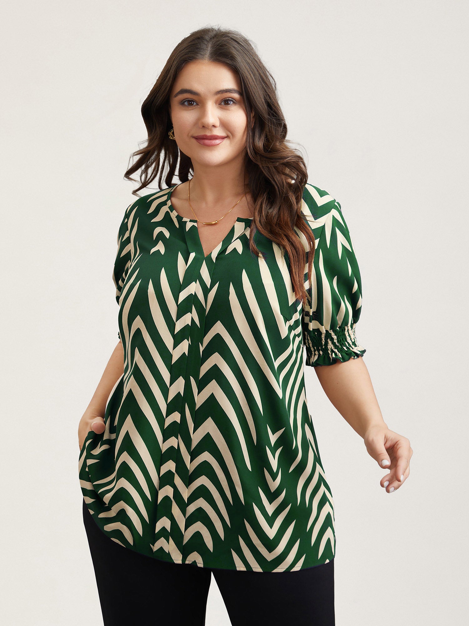Geometric Print Ruffled Shirred Shirt-Sweetccc