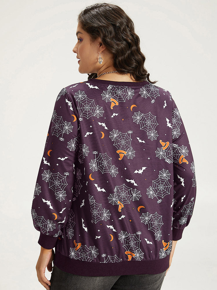 Halloween Print Elastic Cuffs Round Neck Sweatshirt-Sweetccc