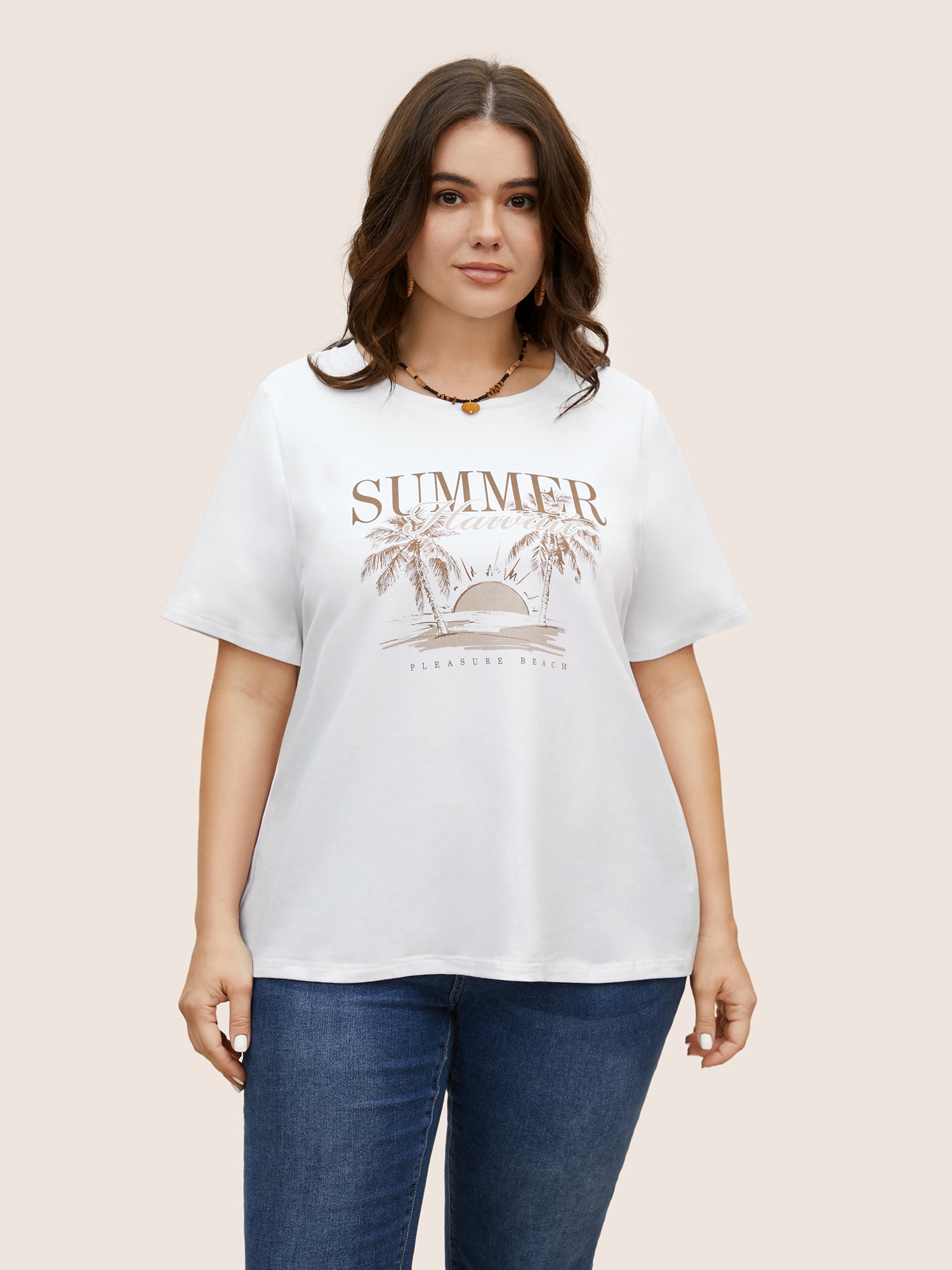 Tropical Landscape Print Round Neck T-shirt-Sweetccc