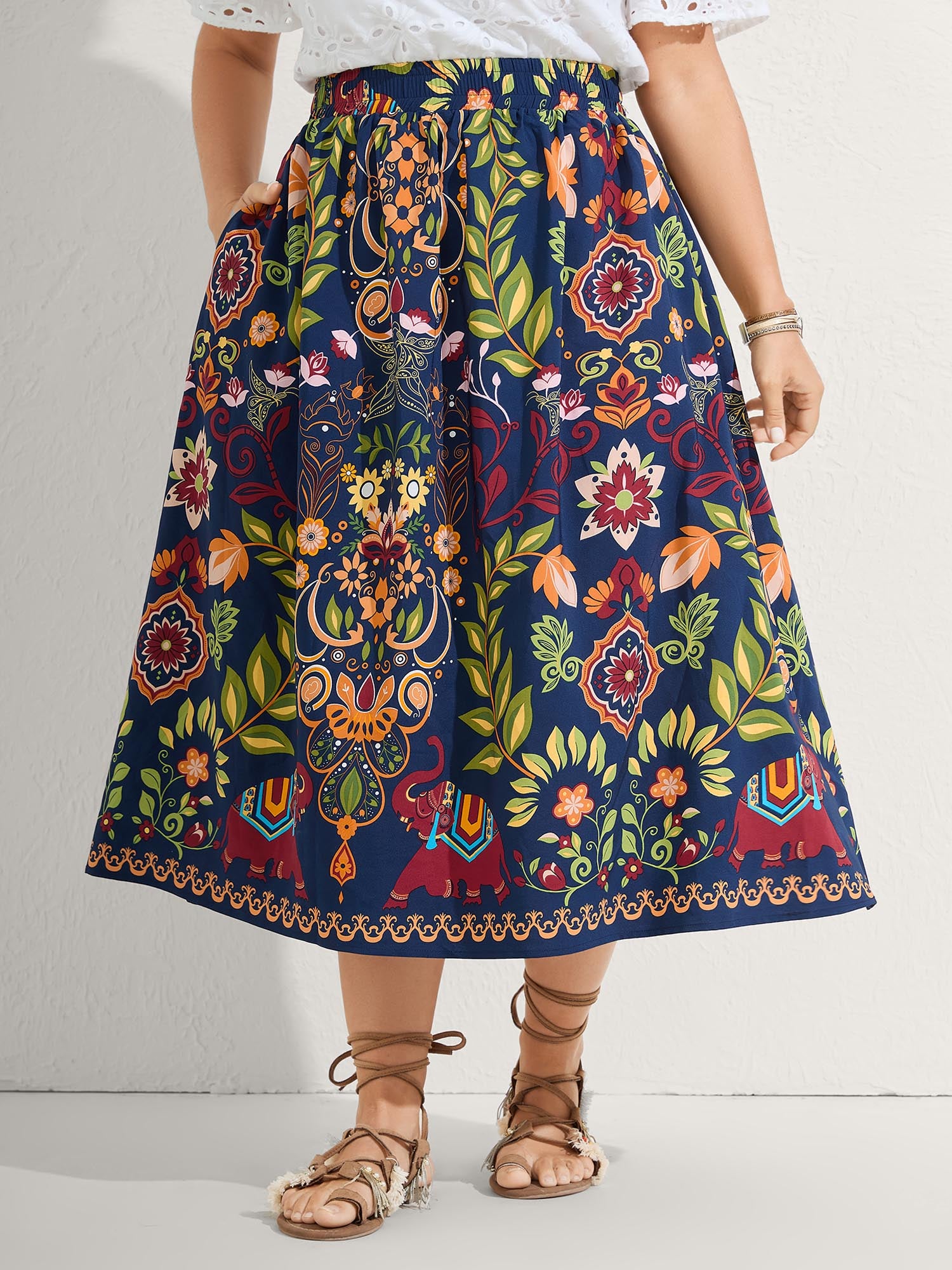 Multi-Color Floral Pockets Midi Skirt-Sweetccc