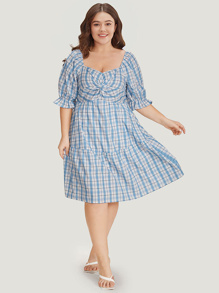 Twist Front Square Neck Ruffle Layered Hem Bell Sleeve Dress-Sweetccc