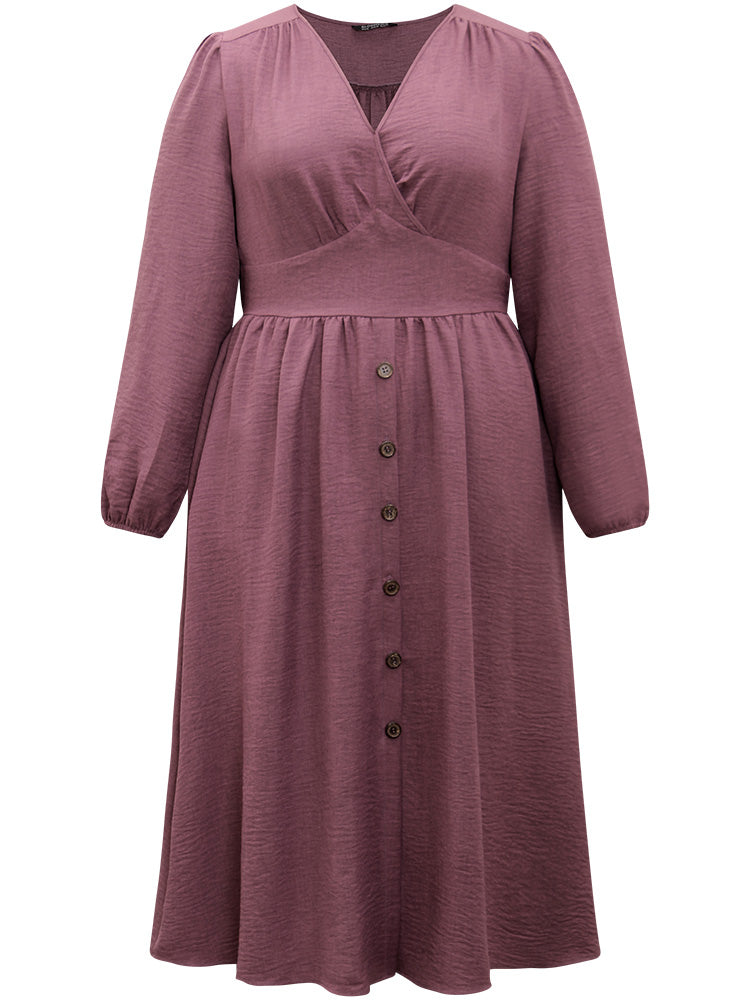 Twill Gathered Button Detail Lantern Sleeve Dress-Sweetccc