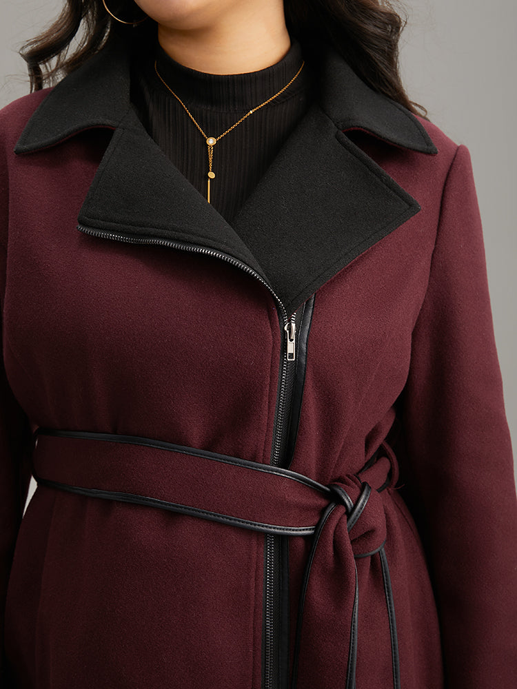 Lapel Collar Contrast Patchwork Zipper Belted Coat-Sweetccc