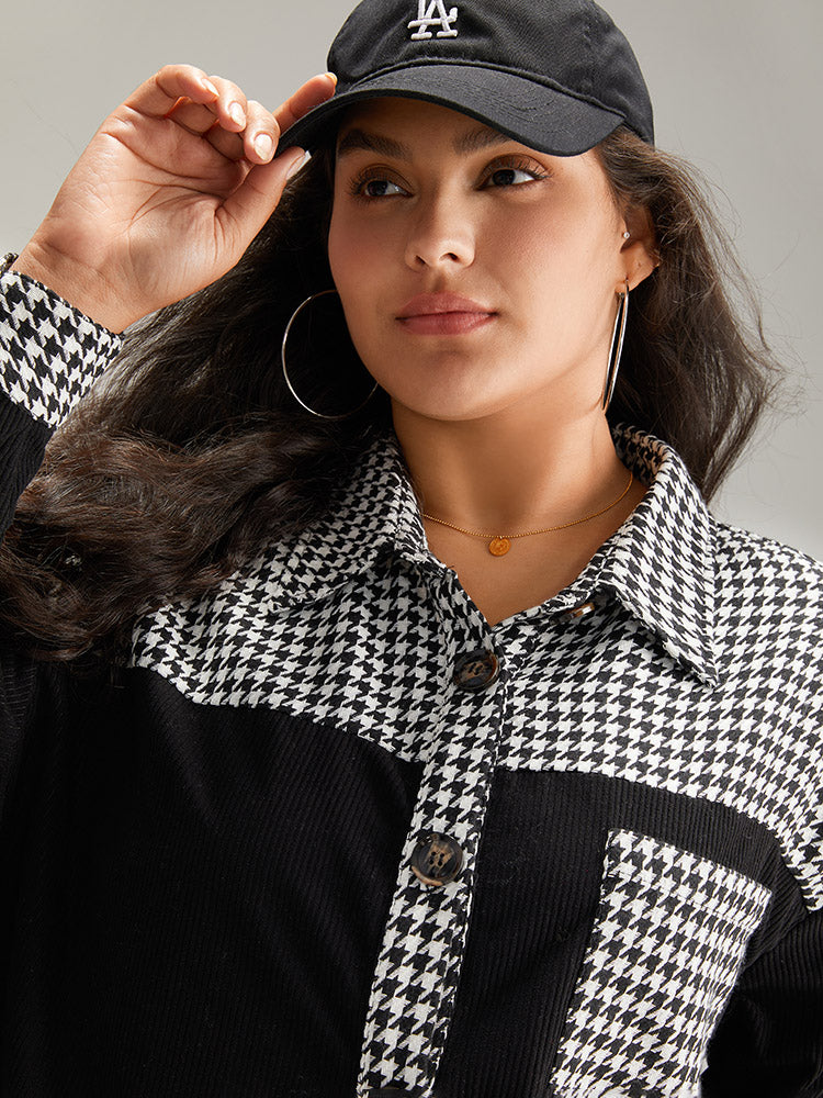 Houndstooth Patchwork Pocket Button Through Corduroy Coat-Sweetccc