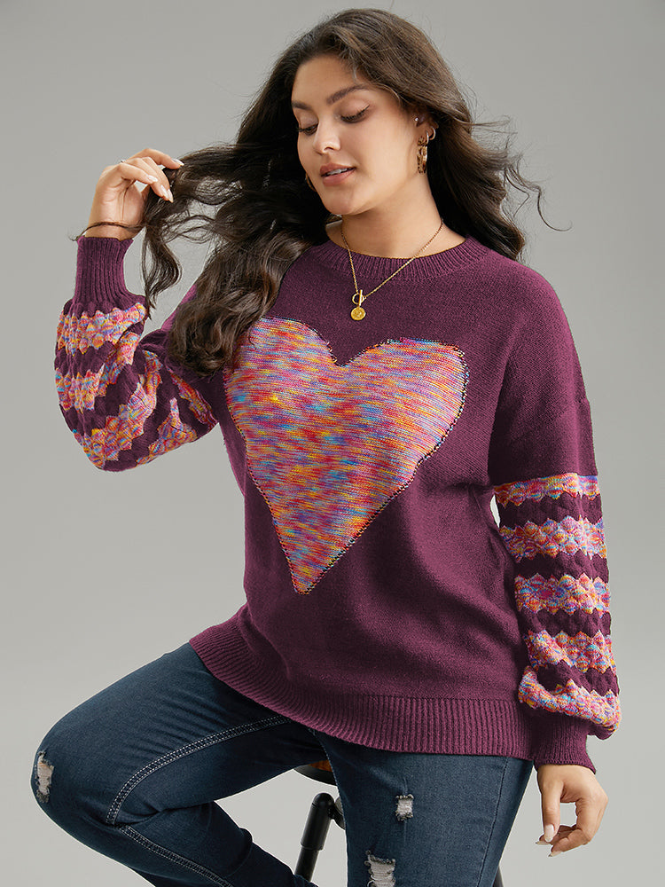 Heart Heather Patchwork Crew Neck Pullover-Sweetccc