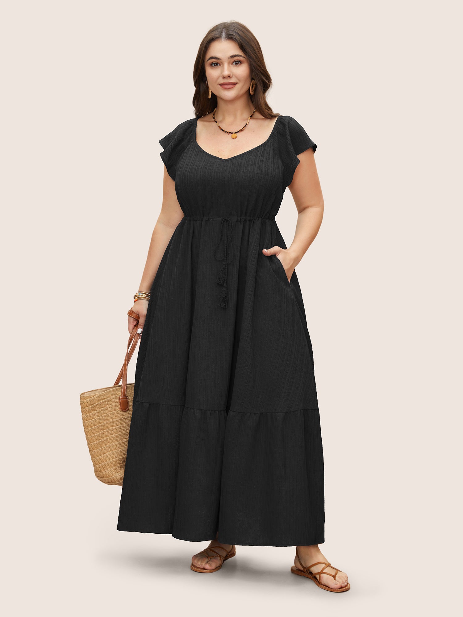 Texture Drawstring Tie Knot Tassels Dress-Sweetccc