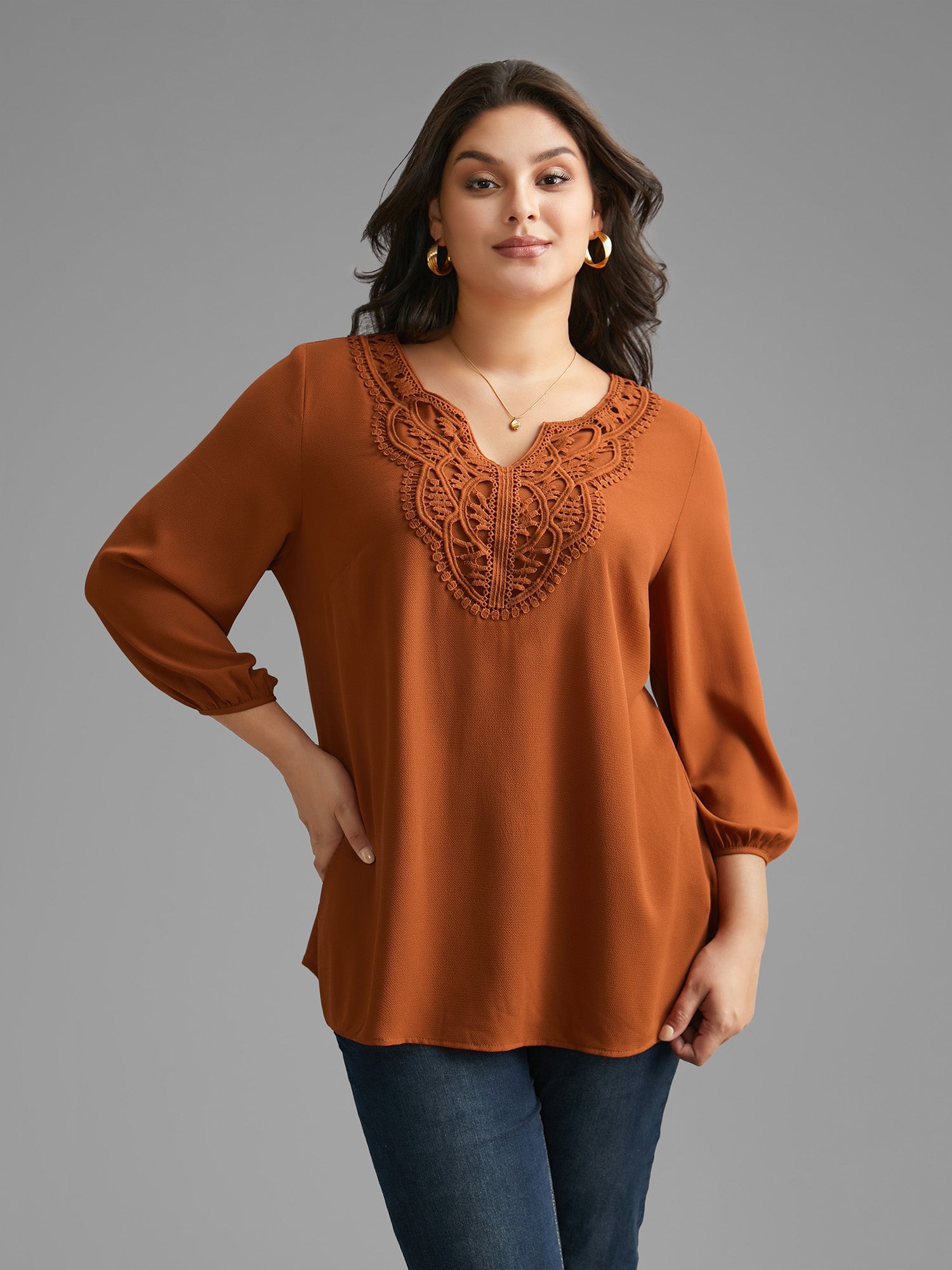 Notched Lace Trim Gathered Blouse-Sweetccc