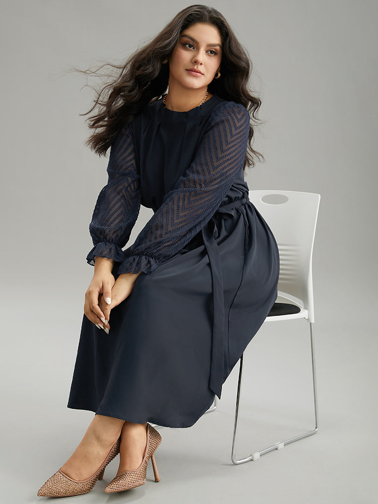 Twill Mesh Patchwork Belted Plicated Detail Dress-Sweetccc