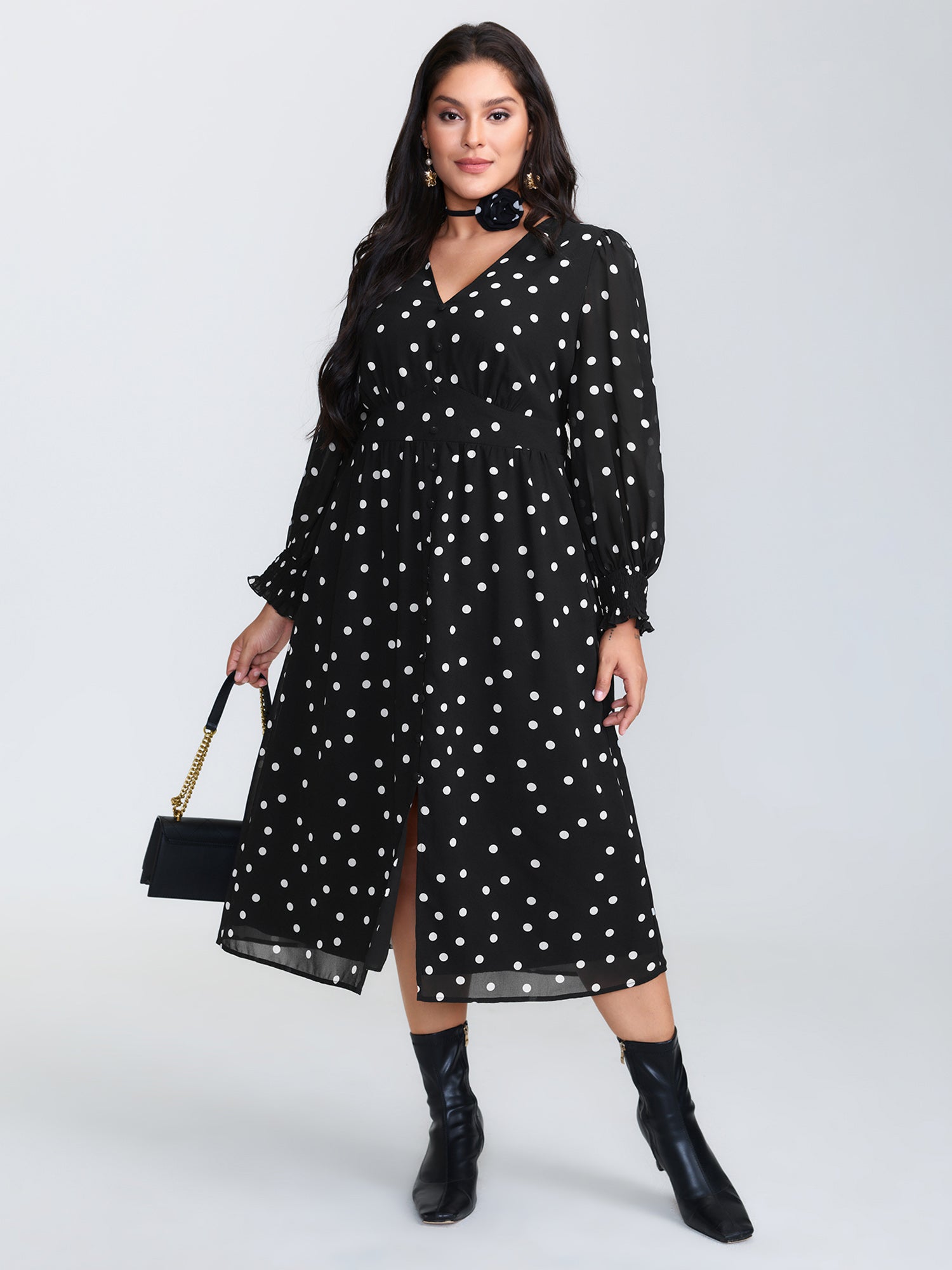 Vintage Polka Dots Puffy Sleeve Midi Dress-Sweetccc